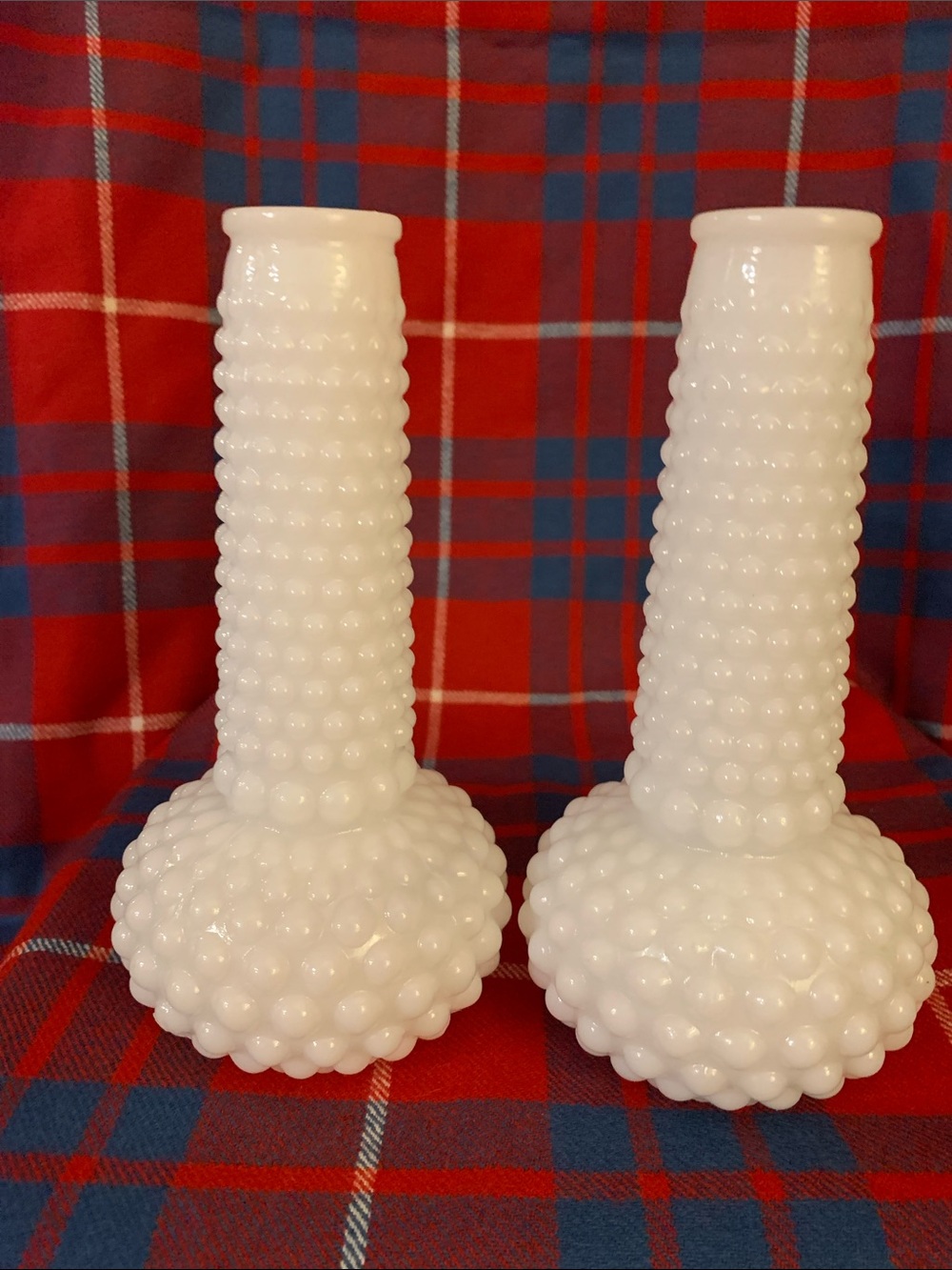 Vintage White Hobnail Milk Glass Bud Vases - Pair, 7 inches tall.